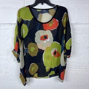 UNBRANDED sheer floral navy & green flowy blouse size OSFM